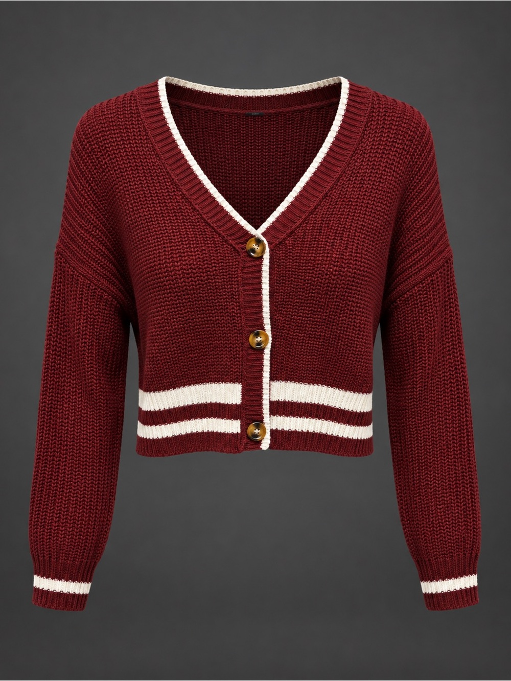 Cropped V-Neck Button Cardigan Sweater - Wine with Cream Trim